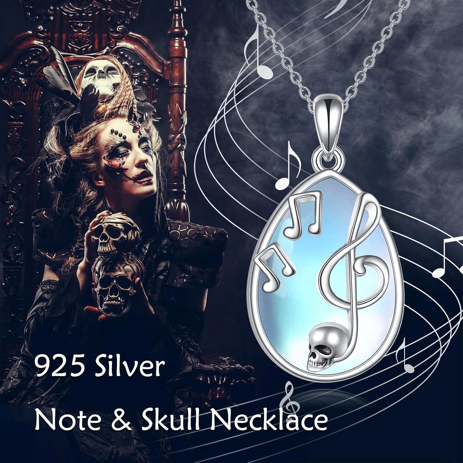 wholesale 925 Sterling Silver Musical Note & Treble Clef Pendant with Blue Opal Stone Necklaces for Women Music Lover Gifts-0-2