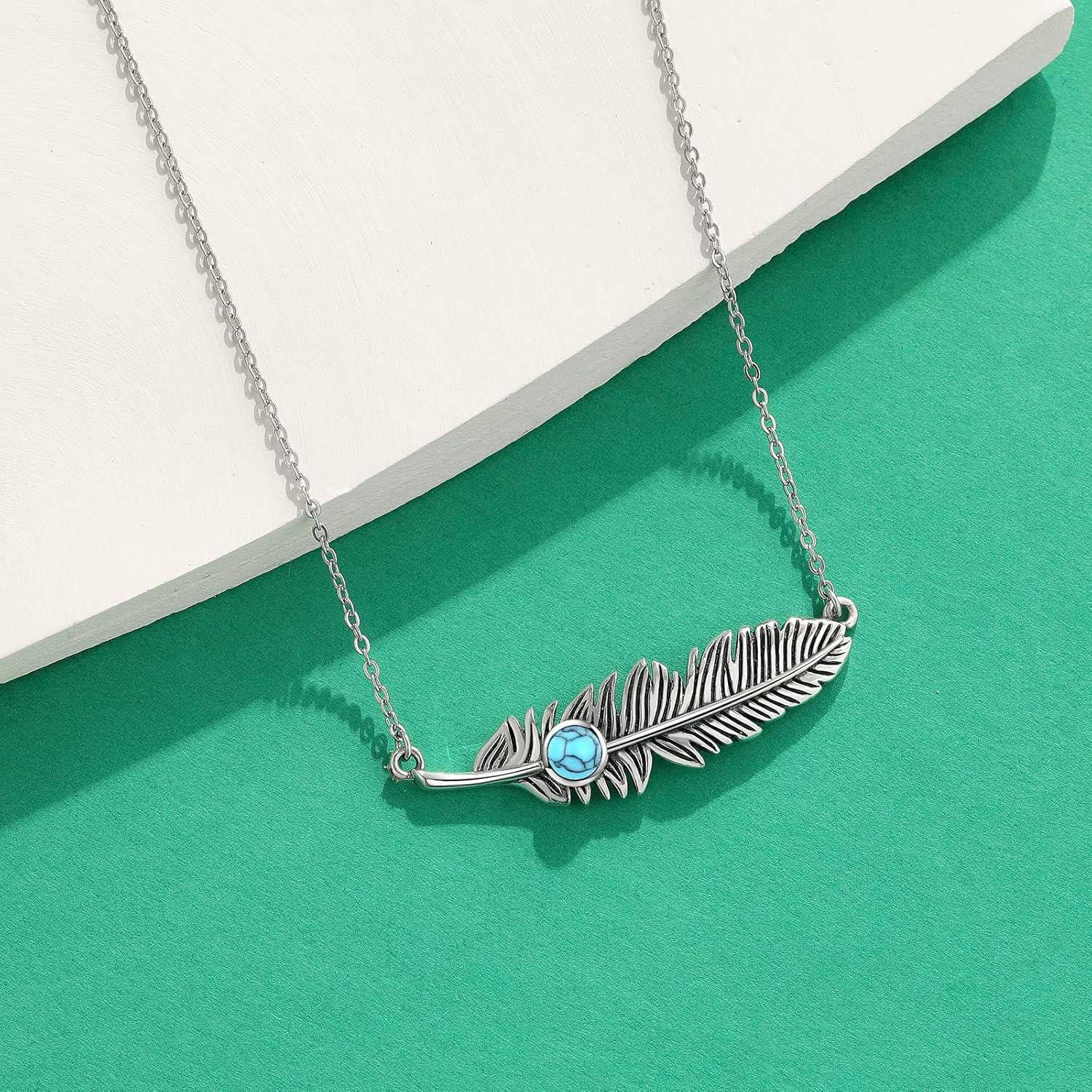 wholesale 925 Sterling Silver 925 Feather Pendant Necklace w/ Turquoise Stone - Native American Style Jewelry for Women-0-3