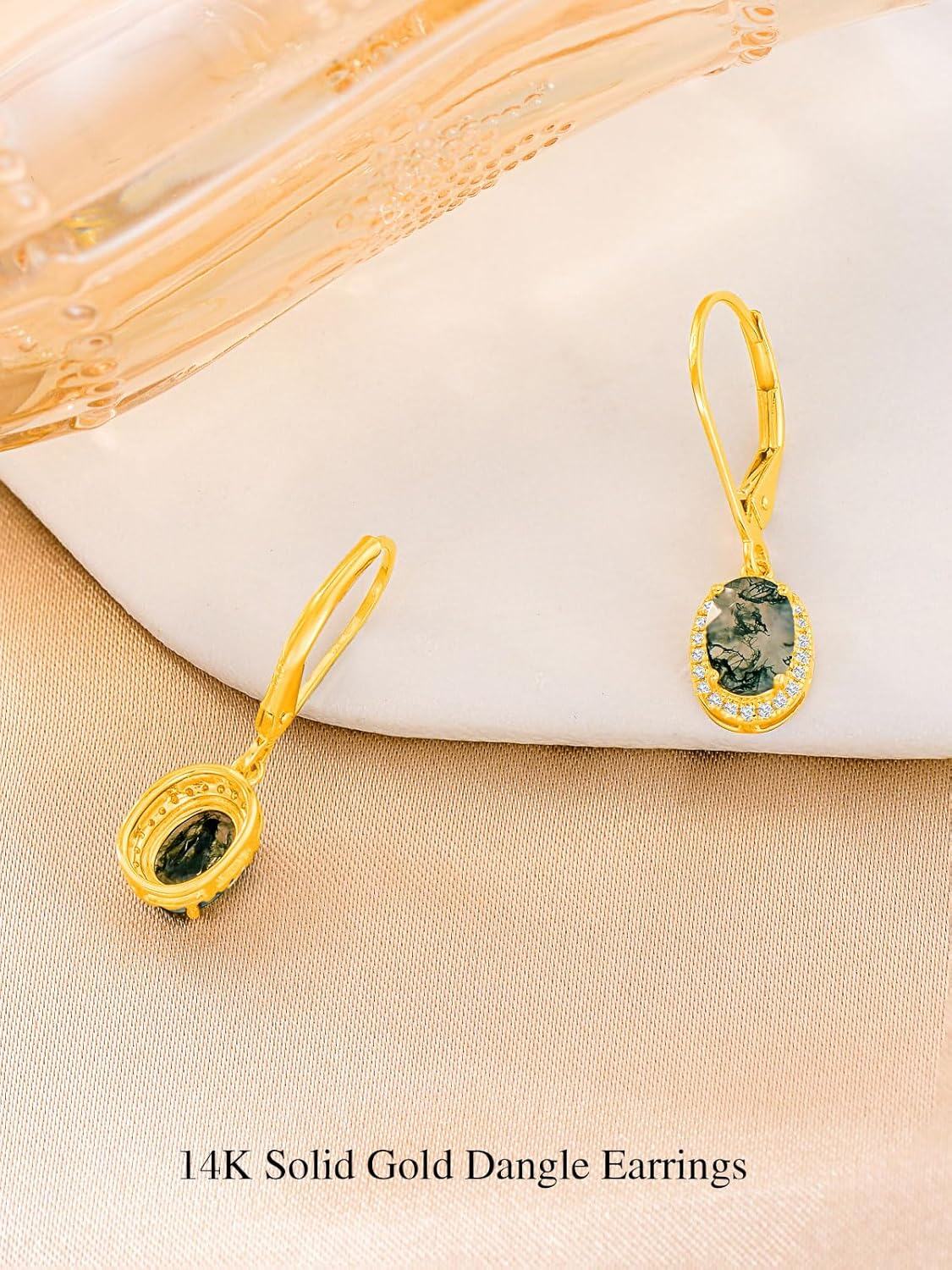 14K Gold Moss Agate Moissanite Leverback Drop Dangle Earrings for Women-0-6