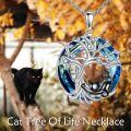 wholesale 925 Sterling Silver Tree of Life Black Cat Blue Crystal Pendant Necklace-0-1