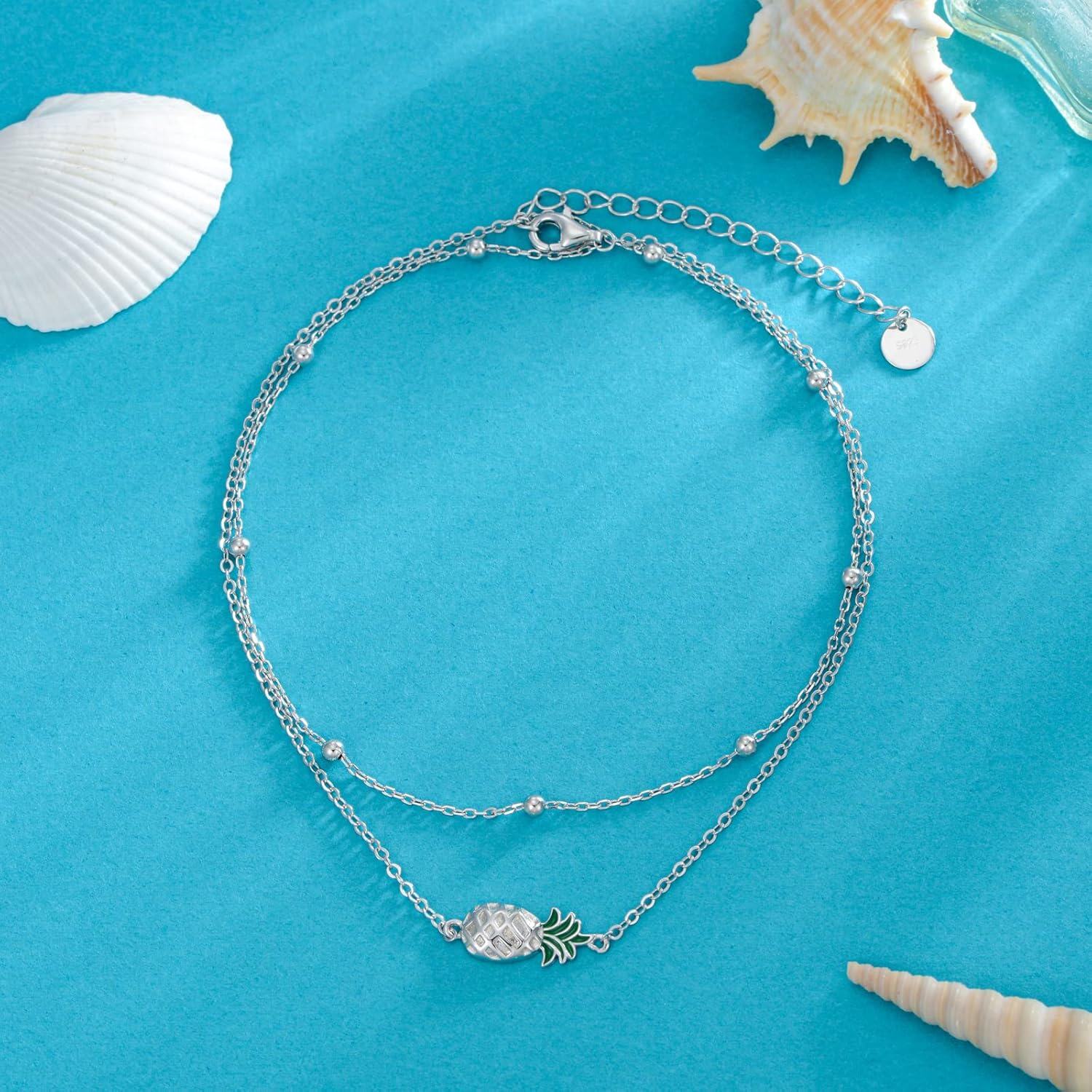  Sterling Silver Nature Charm Bracelet w Pineapple Dragonfly Butterfly Daisy Highland Cow Adjustable Anklet Anniversary Birthday Gift -0-3
