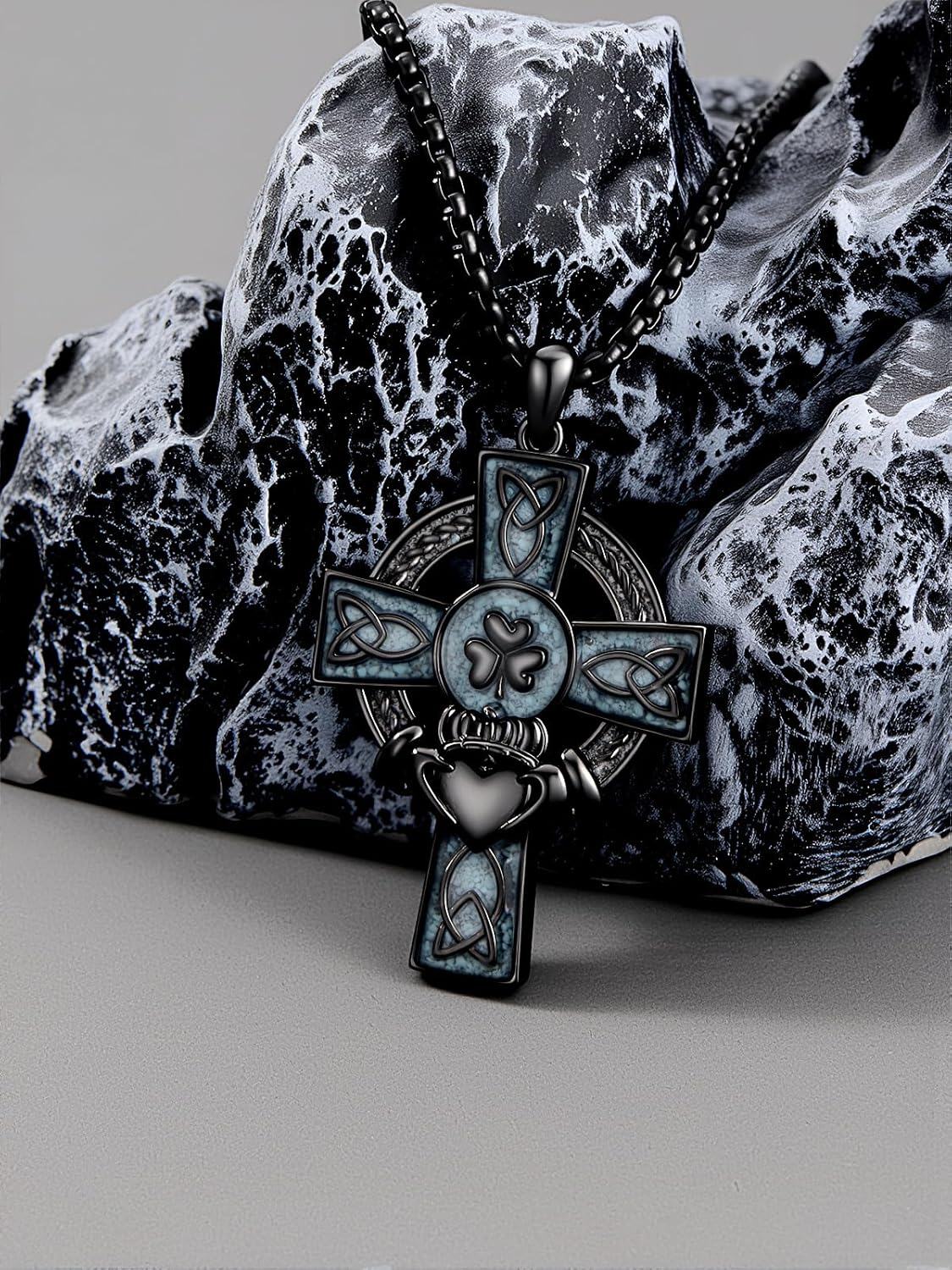 925 Sterling Silver Celtic Knot Trinity Shamrock Cross Pendant Necklace for Men & Women - Protection Amulet Religious Jewelry w/ 24 Rolo Chain (Gift Box Included)-0-3