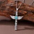 wholesale 925 Sterling Silver & Turquoise Angel Feather Cross Necklace with Heart Stone, 18 Adjustable Chain-0-5
