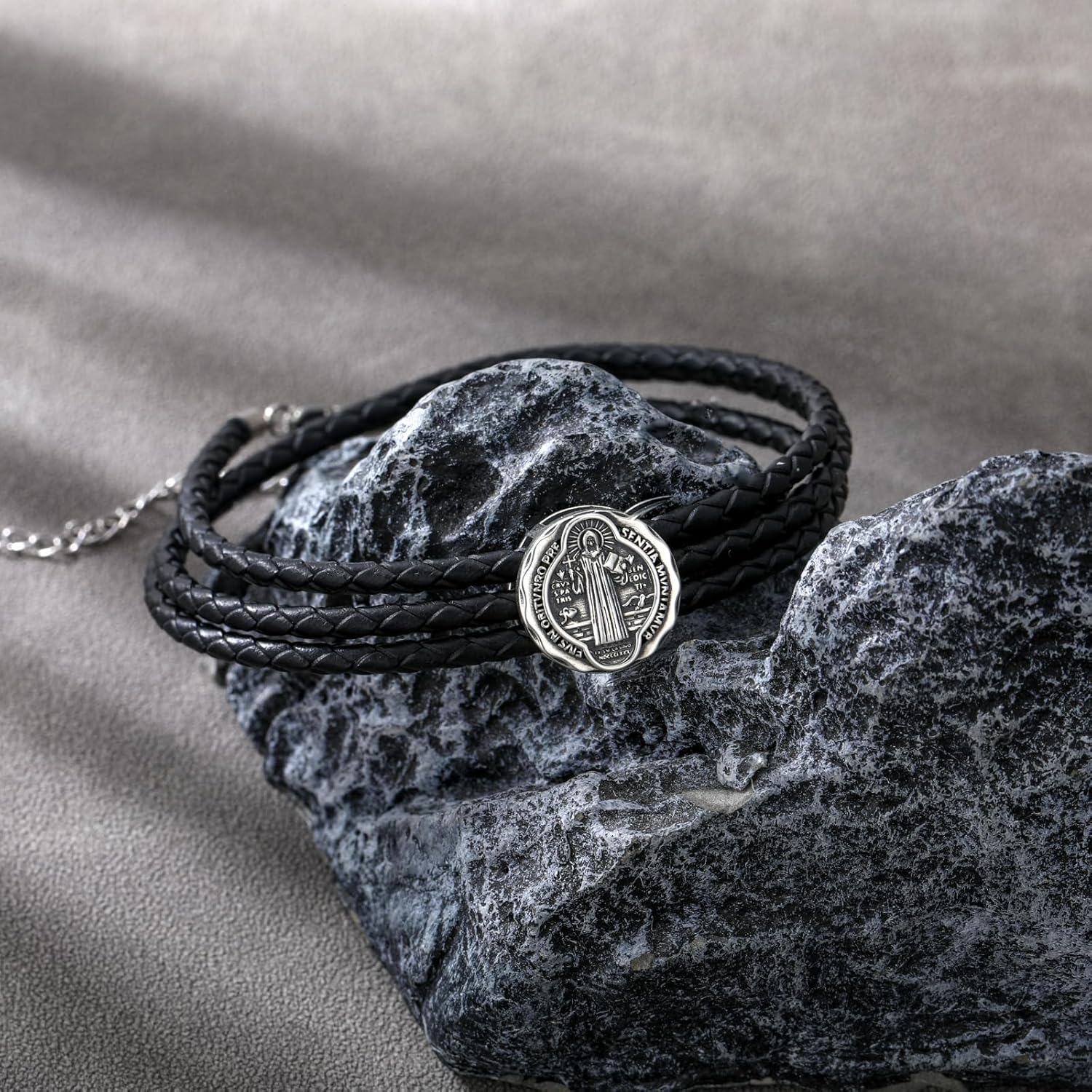 wholesale 925 Sterling Silver Black Leather Saint Benedict and Saint Jude Charm Bracelet Gift for Men-0-3