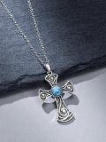 wholesale 925 Sterling Silver Cross Turquoise Stone Pendant Necklace for Women Men  48cm Chain Length-0-5