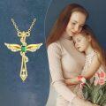 wholesale 14K Gold Created Emerald Angel Wings Cross Pendant Necklace for Women - Mothers Day Gifts-0-5