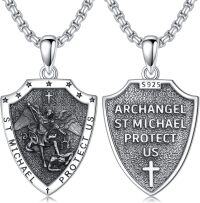 wholesale S925 Sterling Silver Archangel Saint Michael Protect Us Shield Cross Pendant Necklace-A01-Saint Michael-Silver(Shield)