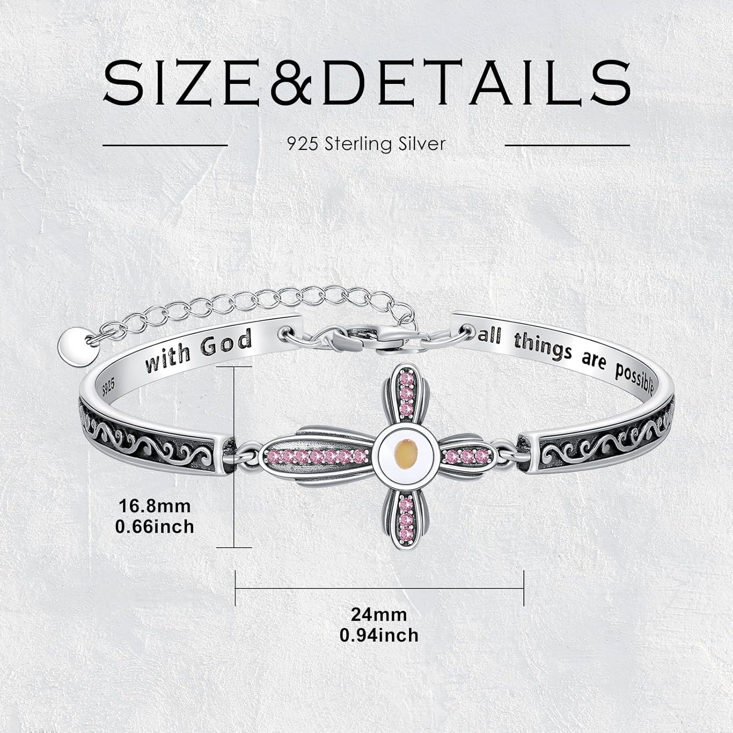 wholesale 925 Sterling Silver Mustard Seed Cross Bracelet with 12 Birthstones God All Things Possible Bangle Christian Jewelry Gift for Women-0-3