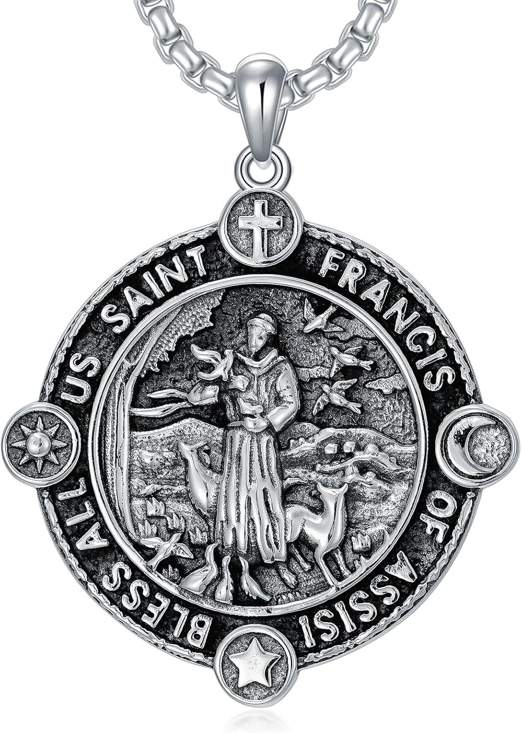 Sterling Silver Stone Patron Saint Necklace Amulet Jewelry Gift for Men Women-B07-St Francis Non-personalized