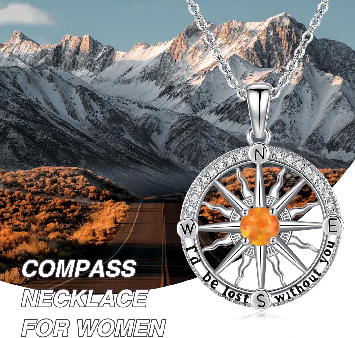 wholesale 925 Sterling Silver Orange Opal Compass Necklace I'd be lost without you Pendant Gift for Women-0-1