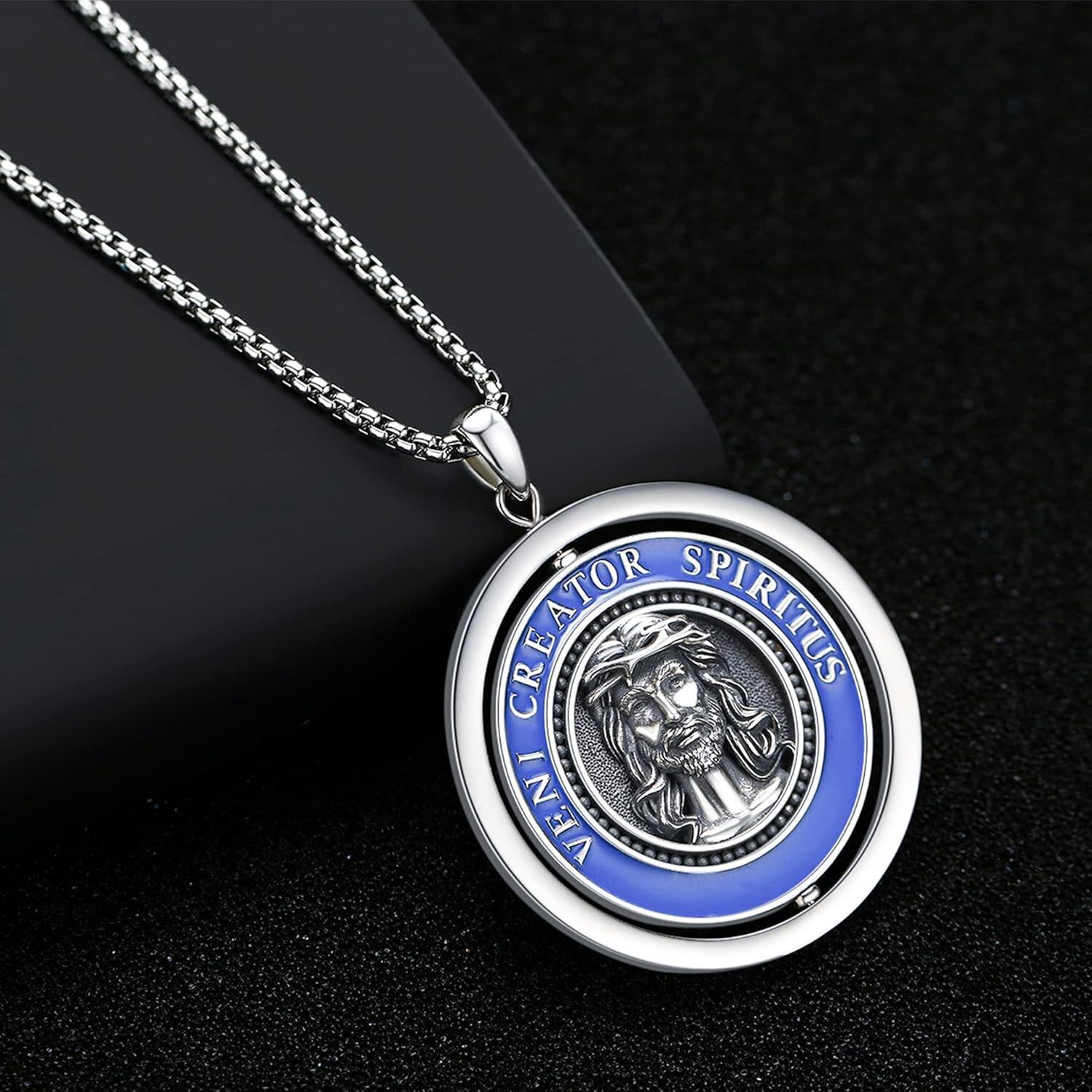 925 Sterling Silver Veni Creator Spiritus Catholic Saint Medal Pendant Necklace for Protection Gifts for Men & Women-0-5