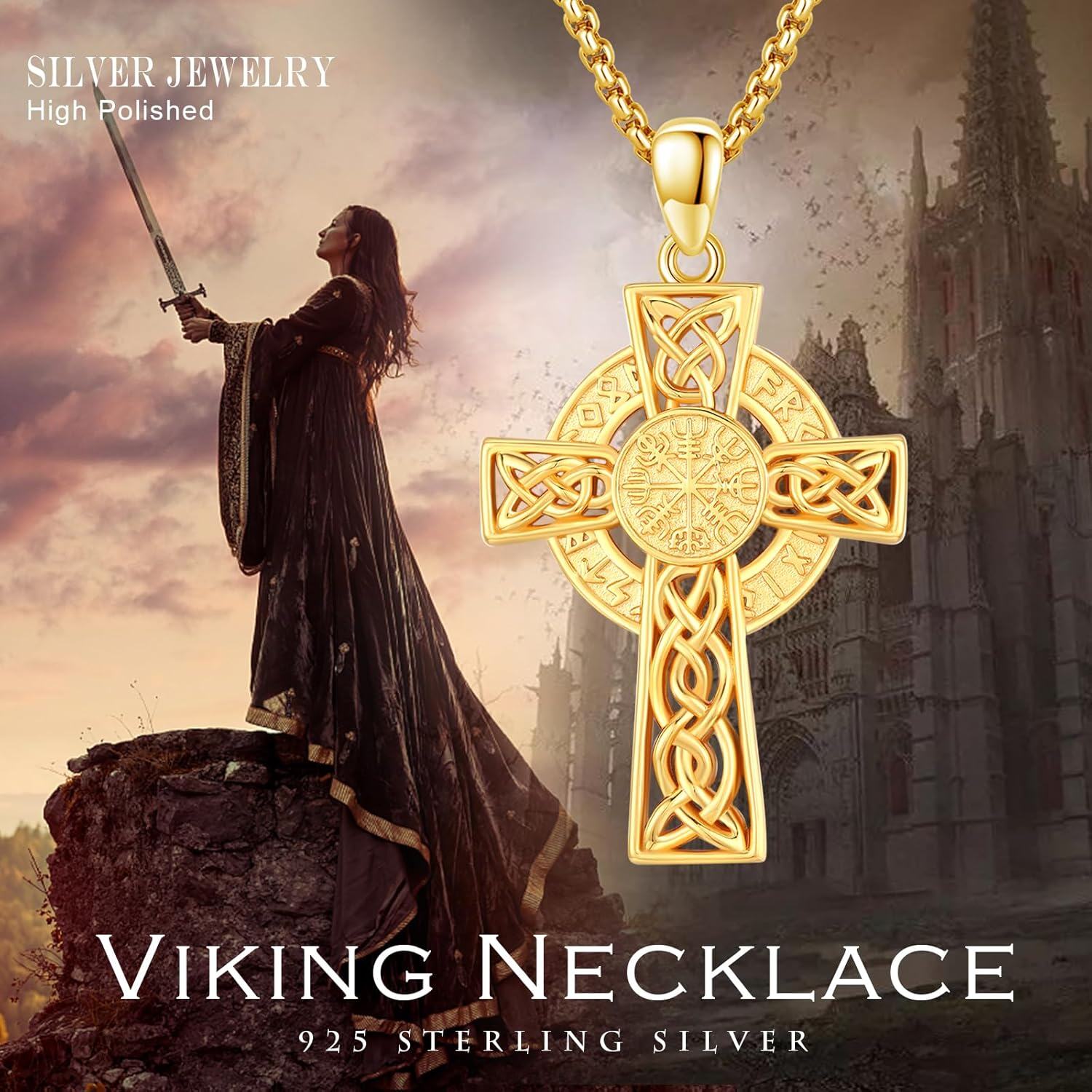 Gold 925 Sterling Silver Norse Vegvisir Compass Pendant with Valknut and Knotwork Design Chain Necklace for Men & Women-0-4