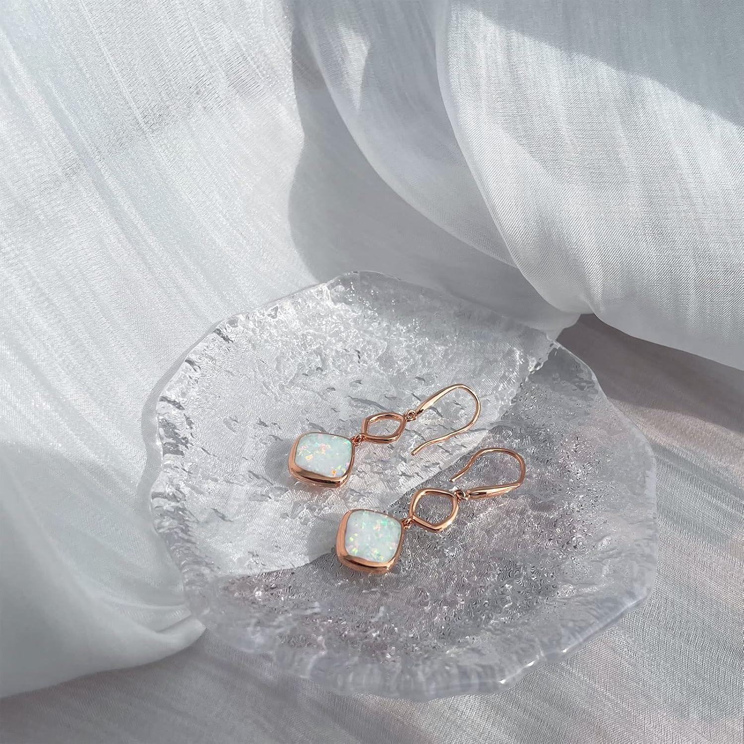 Sterling Silver White Opal Rose Gold Plated Dangle Earrings October Birthstone-0-6