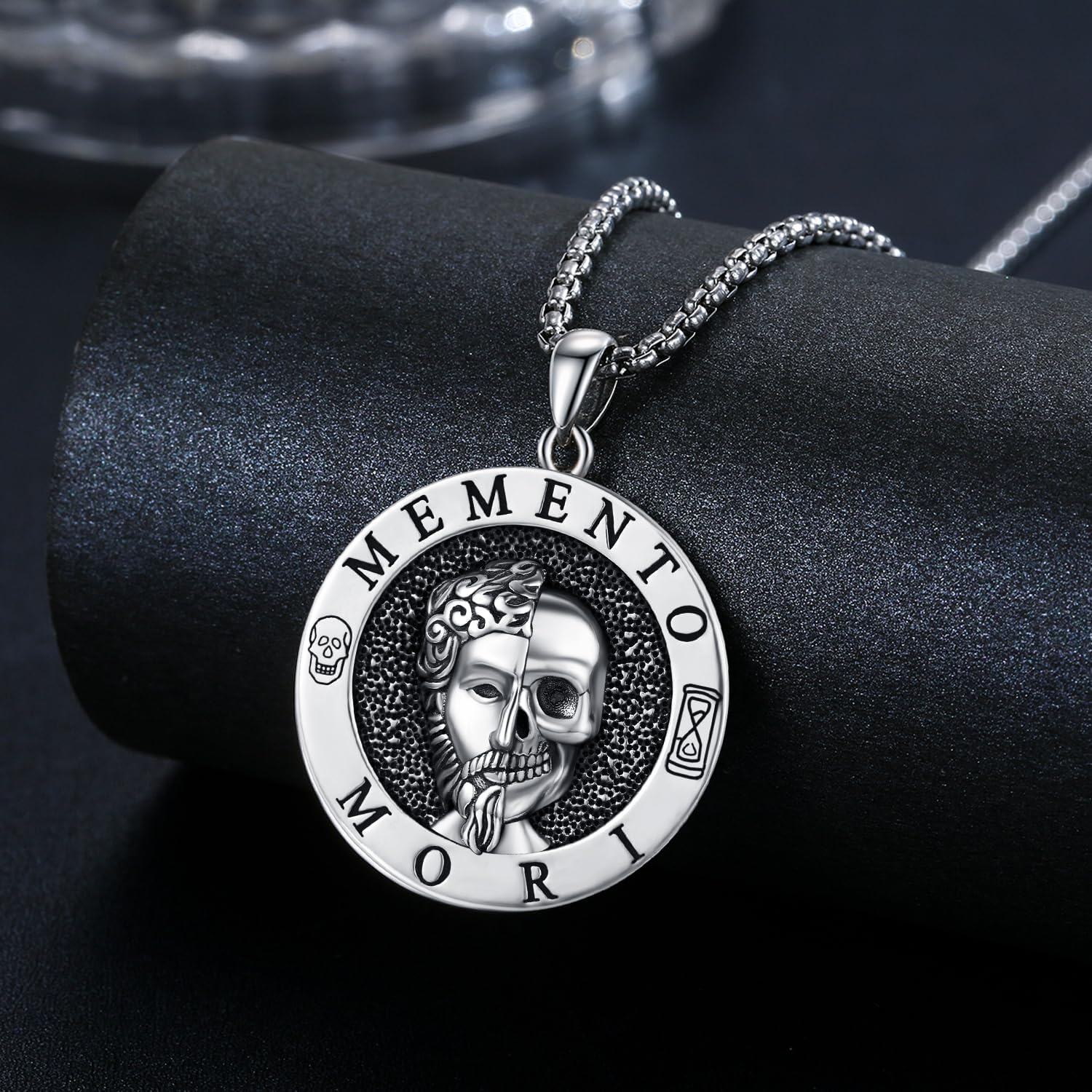 Sterling Silver Stone Marcus Aurelius Skull Memento Mori Necklace-0-2