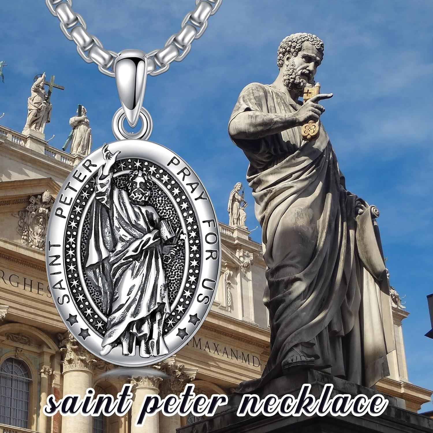 wholesale 925 Sterling Silver Saint Peter Pendant Prayer for Us Charm Chain Necklace  45cm Length with Stainless Steel Chain-0-4