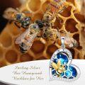 wholesale 925 Sterling Silver Blue Crystal Heart Shaped Bee Pendant Necklace for Women's Gifts-0-5