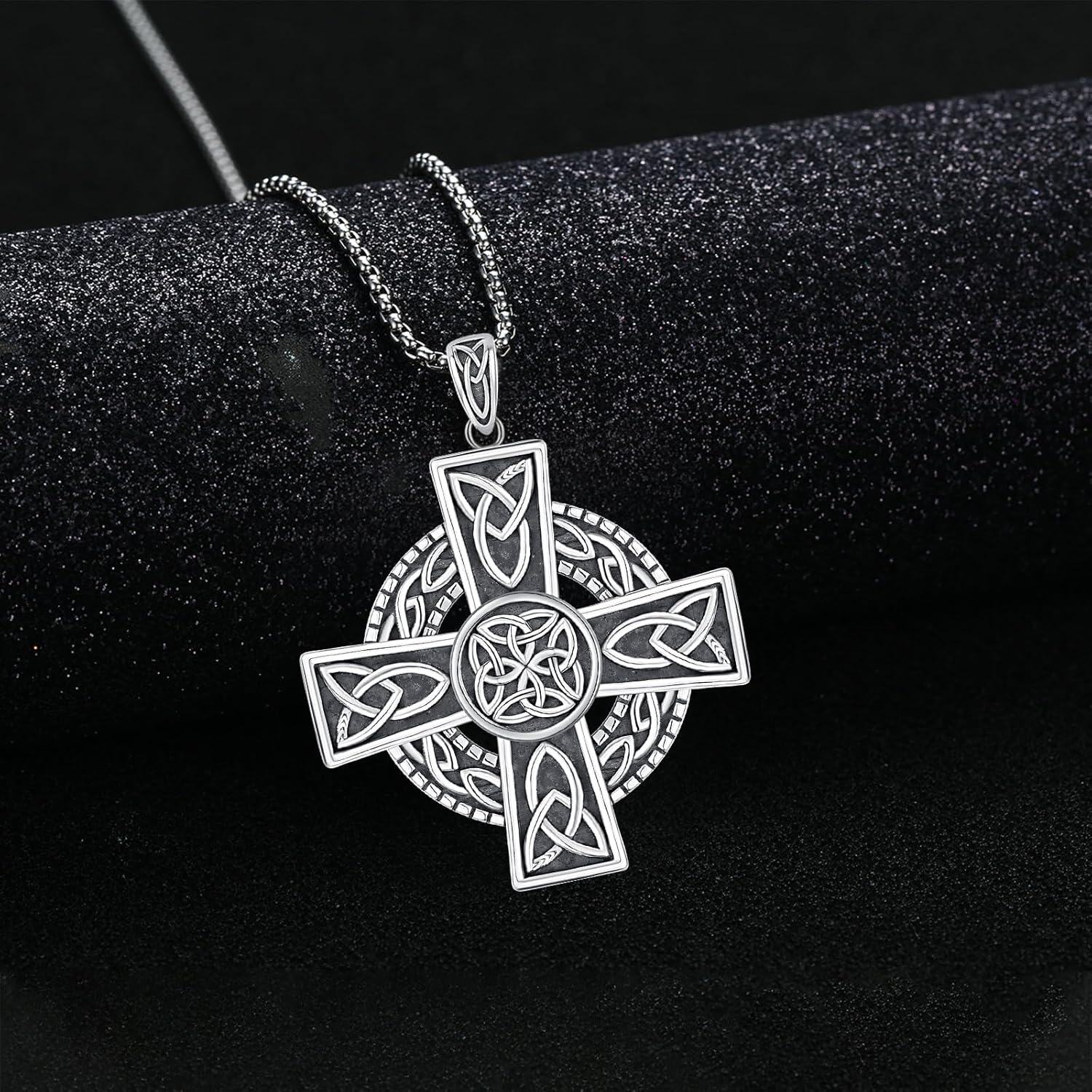 925 Sterling Silver Celtic Knot Cross Pendant Necklace Norse Viking Jewelry for Men Women-0-3