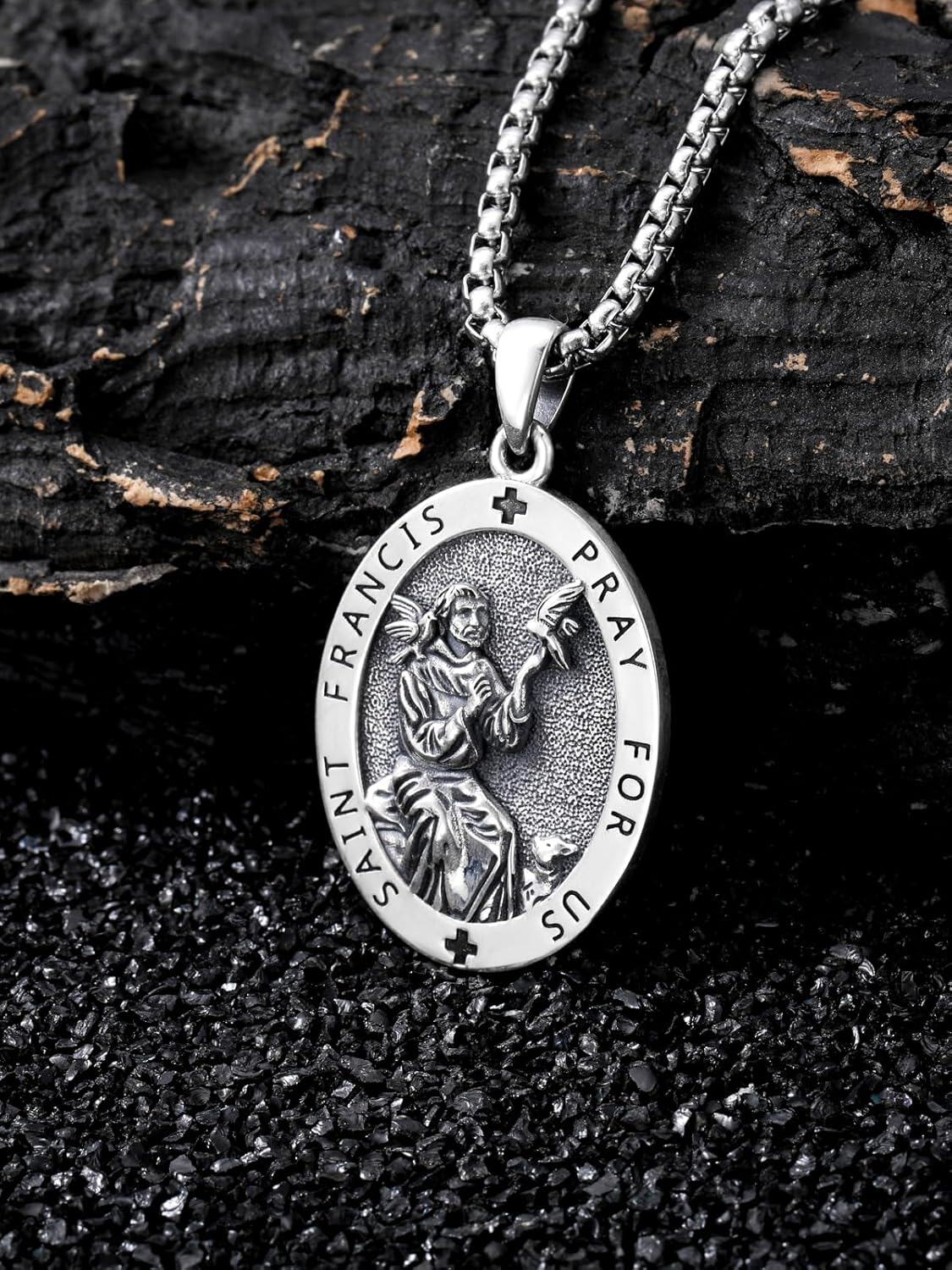 925 Sterling Silver & Stainless Steel St Francis of Assisi Medal Pendant with Dove and Fish Charm - Catholic Protection s for Men/Women-0-2