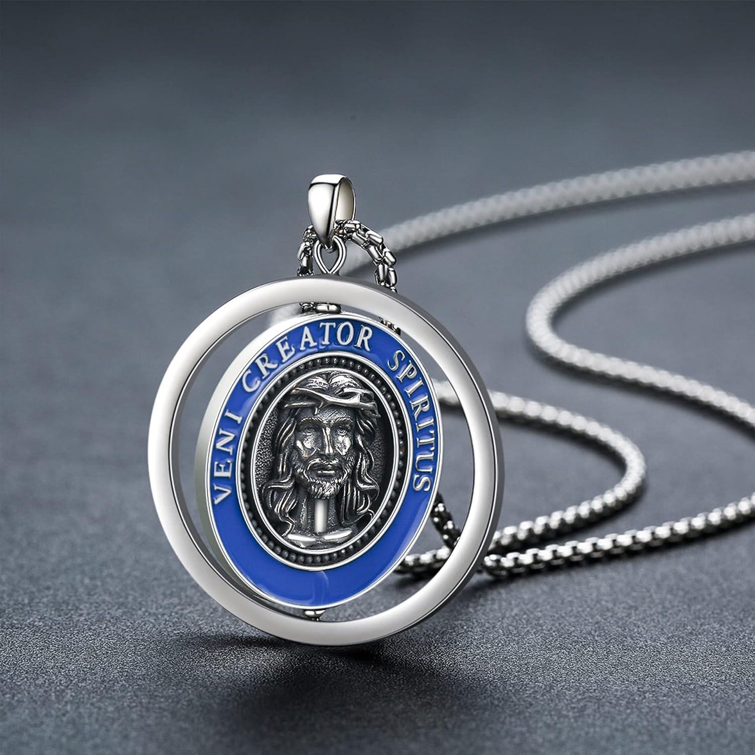 925 Sterling Silver Veni Creator Spiritus Catholic Saint Medal Pendant Necklace for Protection Gifts for Men & Women-0-3