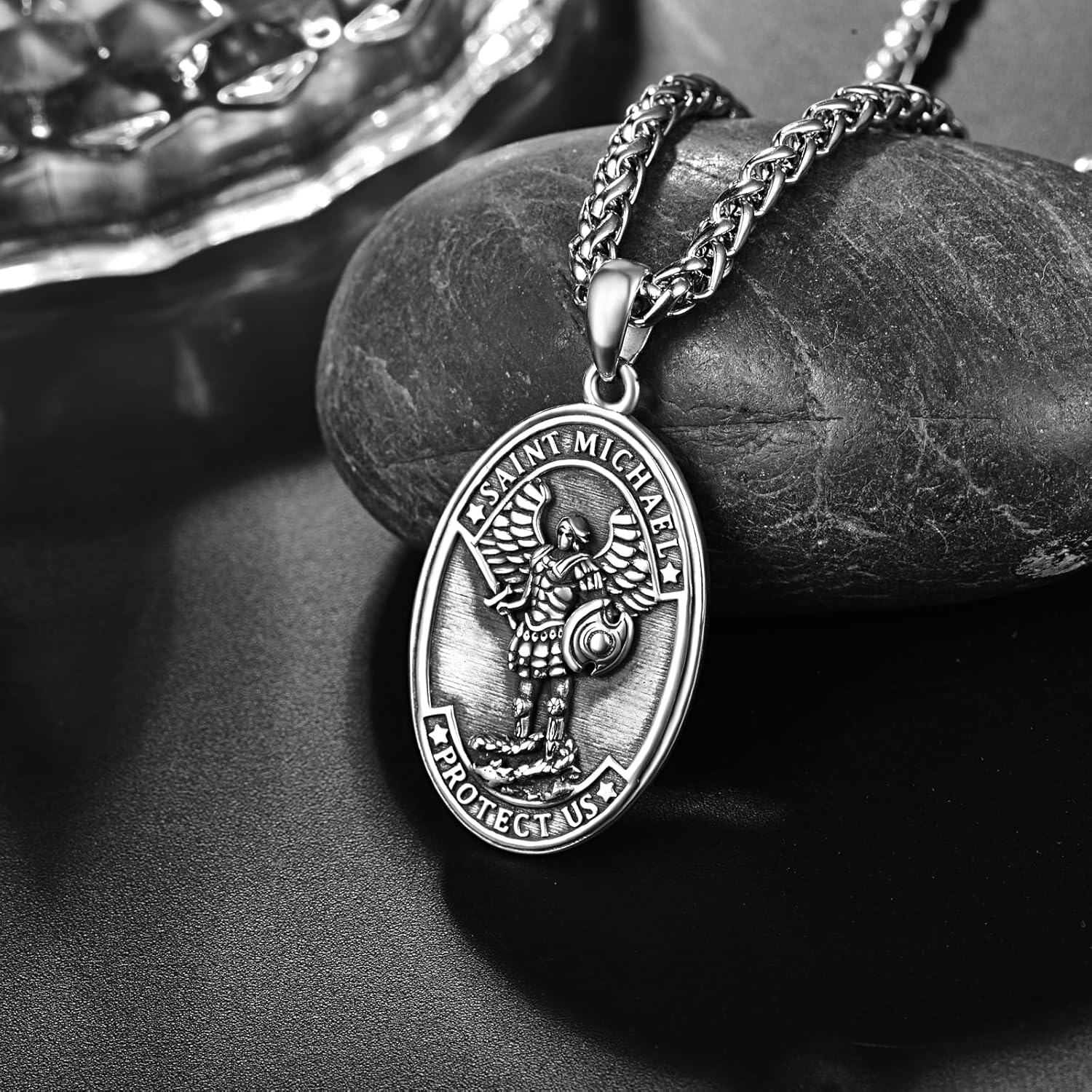 925 Sterling Silver Saint Michael Angel Protect Us Mens Medallion Chain Necklace-0-1