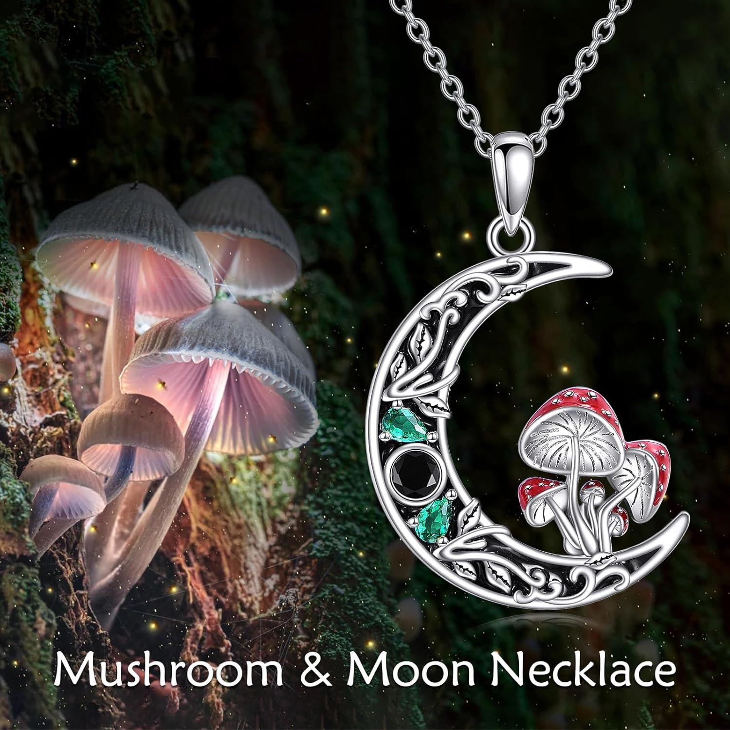 wholesale 925 Sterling Silver Red & Green Crystal Spider Mushroom Crescent Moon Pendant Necklace-0-5