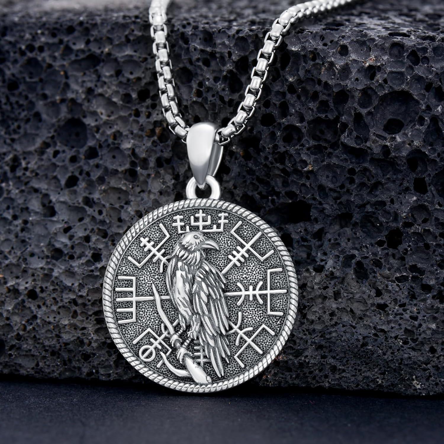 wholesale 925 Sterling Silver Raven Bird Round Medallion Pendant Necklace with Chain for Women and Men Gifts-0-3