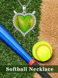 wholesale 925 Sterling Silver Green Softball Heart Crossed Bats Cz Halo Pendant Necklace-0-3