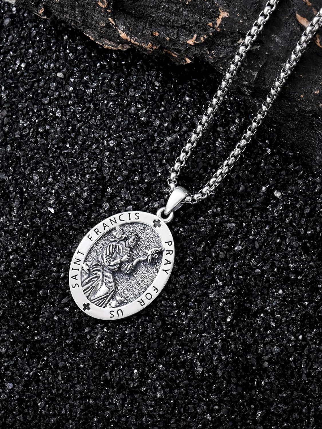 925 Sterling Silver & Stainless Steel St Francis of Assisi Medal Pendant with Dove and Fish Charm - Catholic Protection s for Men/Women-0-3