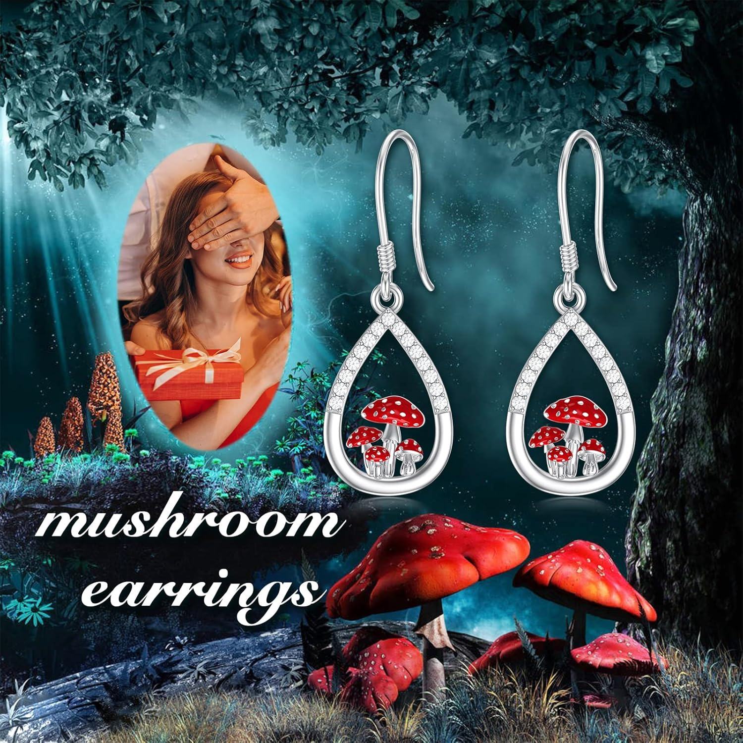 wholesale 925 Sterling Silver Red Enamel Mushroom Drop Earrings-0-1
