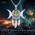 wholesale 925 Sterling Silver Gold-Plated Moonstone Triple Moon Goddess Pentagram Feather Dreamcatcher Pendant Necklace-0-4