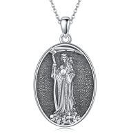 wholesale 925 Sterling Silver Santa Muerte Saint Death Skull Scythe Oval Pendant Necklace-Santa Muerte Necklace