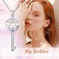 wholesale 925 Sterling Silver Key Shaped Heart Pendant Necklace with Blue Stone and Cubic Zirconia for Women Girls-0-5