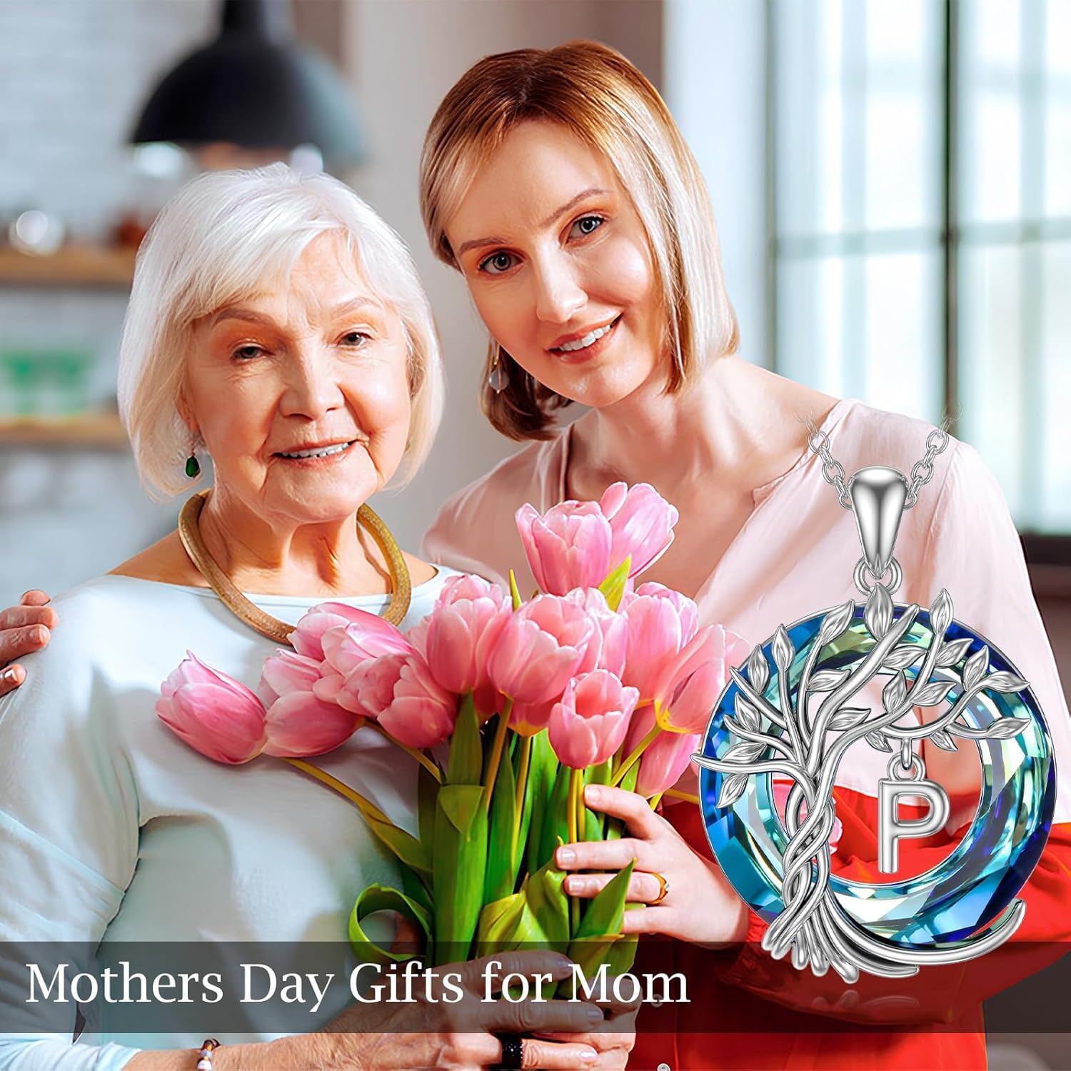 Blue Crystal Initial Necklace for Mother Day