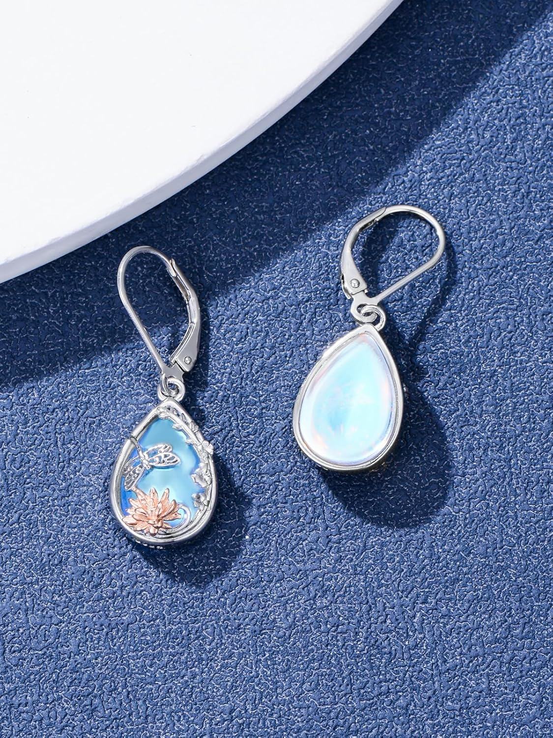 925 Sterling Silver Moonstone Butterfly Lotus Filigree Teardrop Dangle Leverback Earrings-0-4