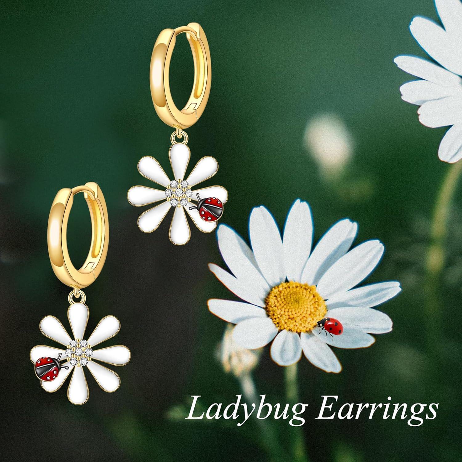 wholesale 925 Sterling Silver Ladybug Daisy Drop Earrings-0-4