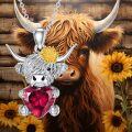 wholesale Metal Stone Highland Cow Pendant Necklace w Heart Birthstone Women s Gift-0-5