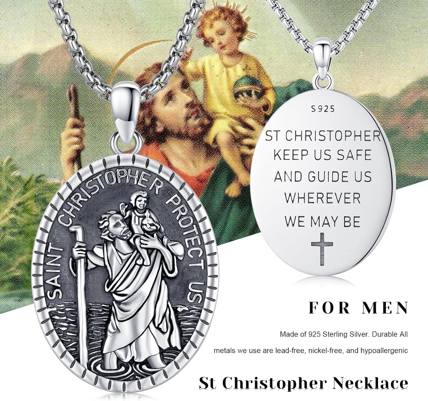 Sterling Silver Patron Saint Amulet Protection Medal Necklace Catholic Jewelry Gift for Men Women-0-6