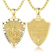 wholesale S 925 Sterling Silver Archangel St. Michael Protect Us Shield Cross Pendant Necklace-A01-Saint Michael-Gold(Shield)