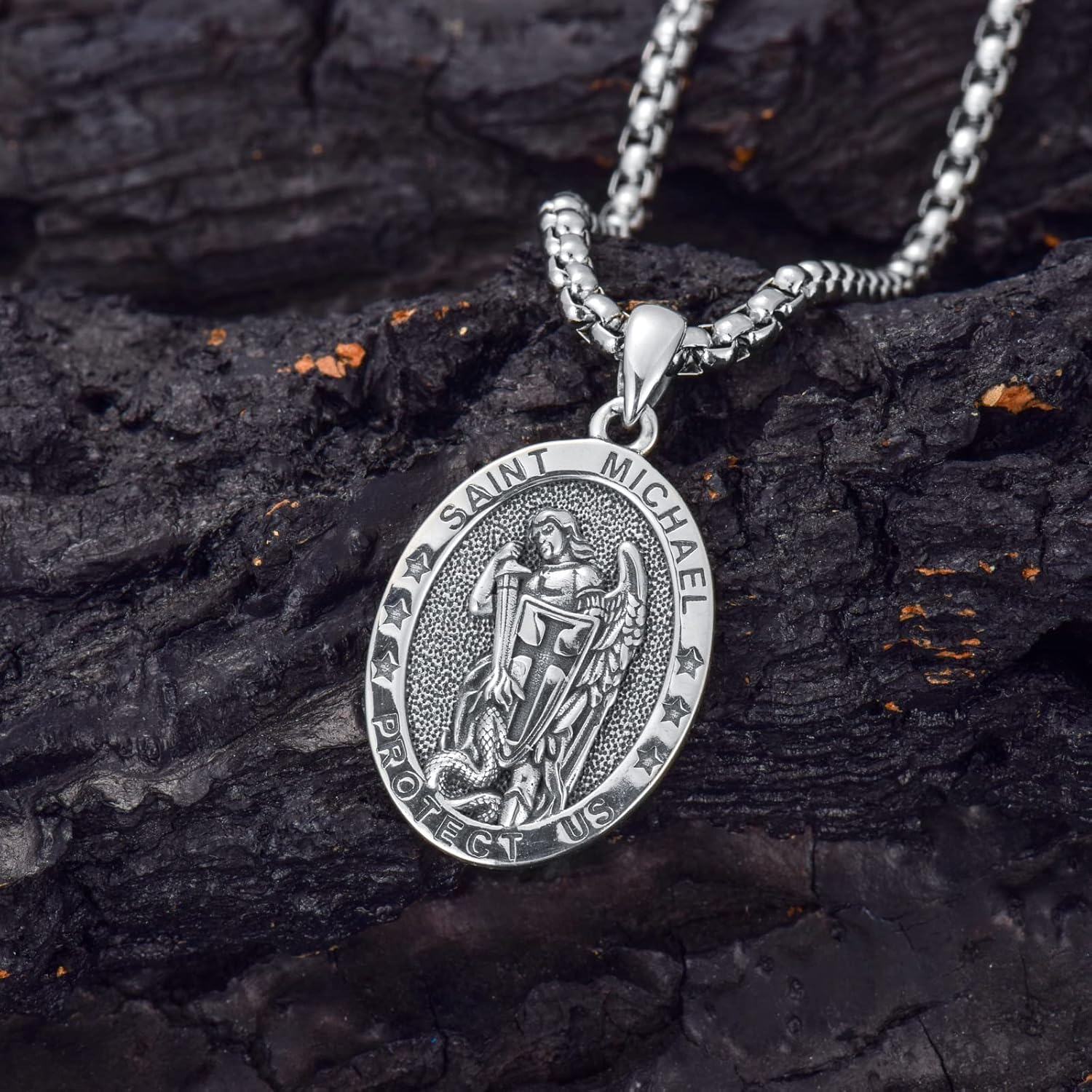 Sterling Silver Oval St Michael St Christopher Medal Archangel Cross Necklace w 22 +2 Chain-0-2