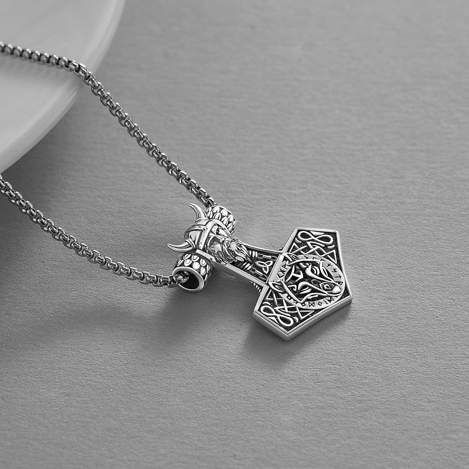 wholesale Stainless Steel Viking Wolf Head Thors Hammer Pendant Norse Jewelry with Stainless Steel Chain-0-2