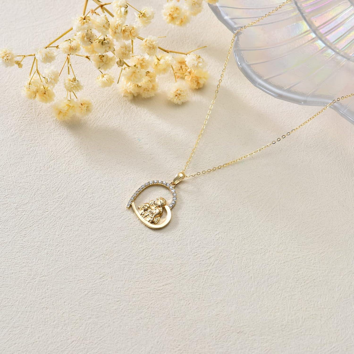 wholesale 14K Gold Moissanite Heart Pendant Necklace with Angel and Child Design for Women Wife Mother Daughter-0-2