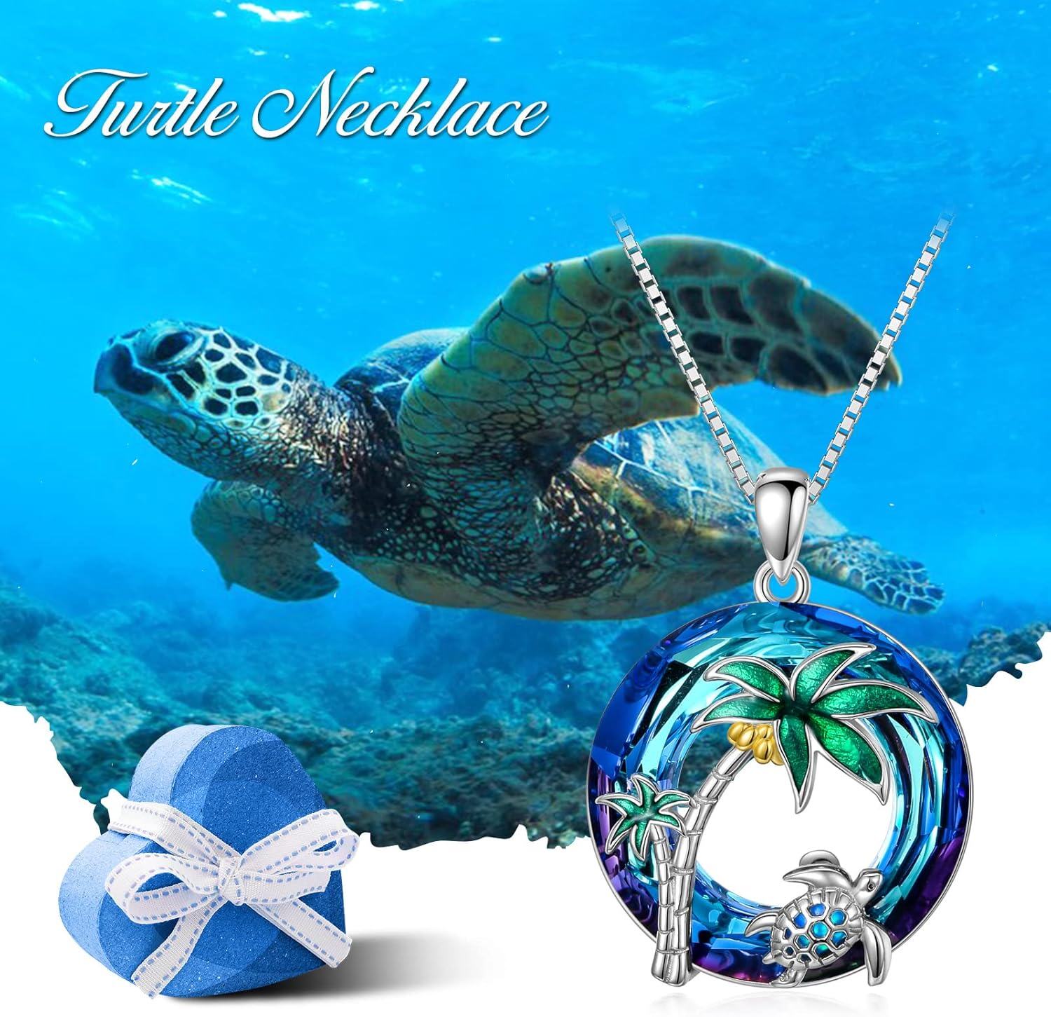 925 Sterling Silver Blue Crystal Sea Turtle & Palm Tree Necklace Pendant Jewelry-0-4