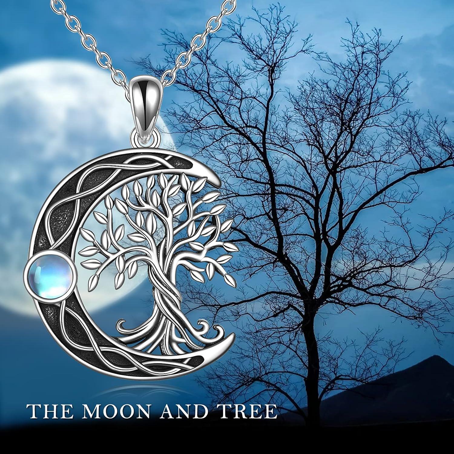 925 Sterling Silver Moonstone Celtic Knot Tree of Life Pendant Necklace-0-5