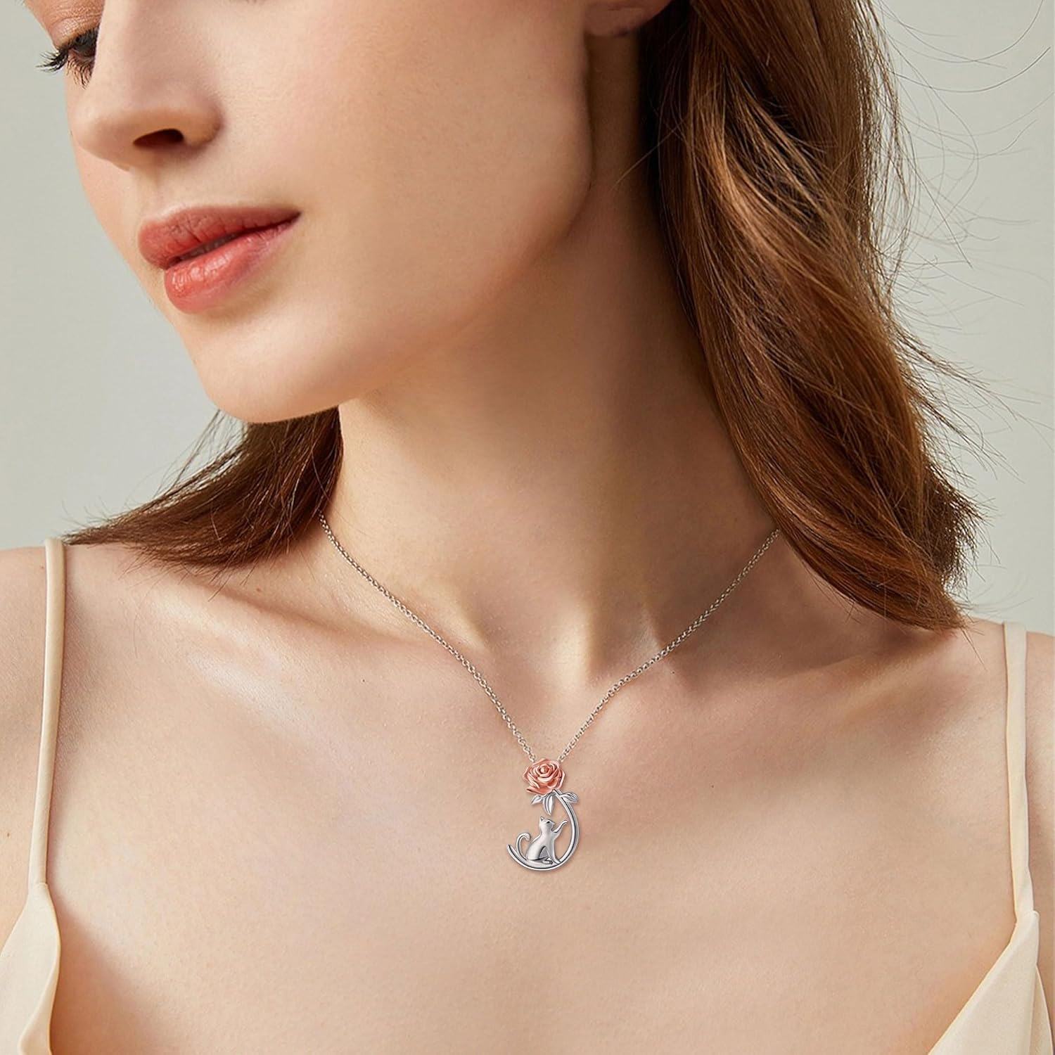 925 Sterling Silver Rose and Cat Pendant Necklace - Gifts for Women-0-1