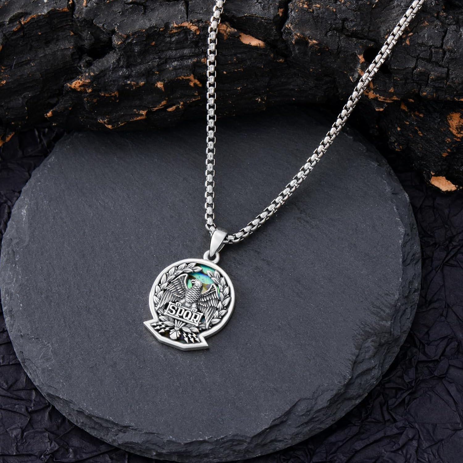 925 Sterling Silver Roman Eagle SPQR Pendant Necklace with Abalone Shell and Laurel Wreath Design for Men & Women-0-2