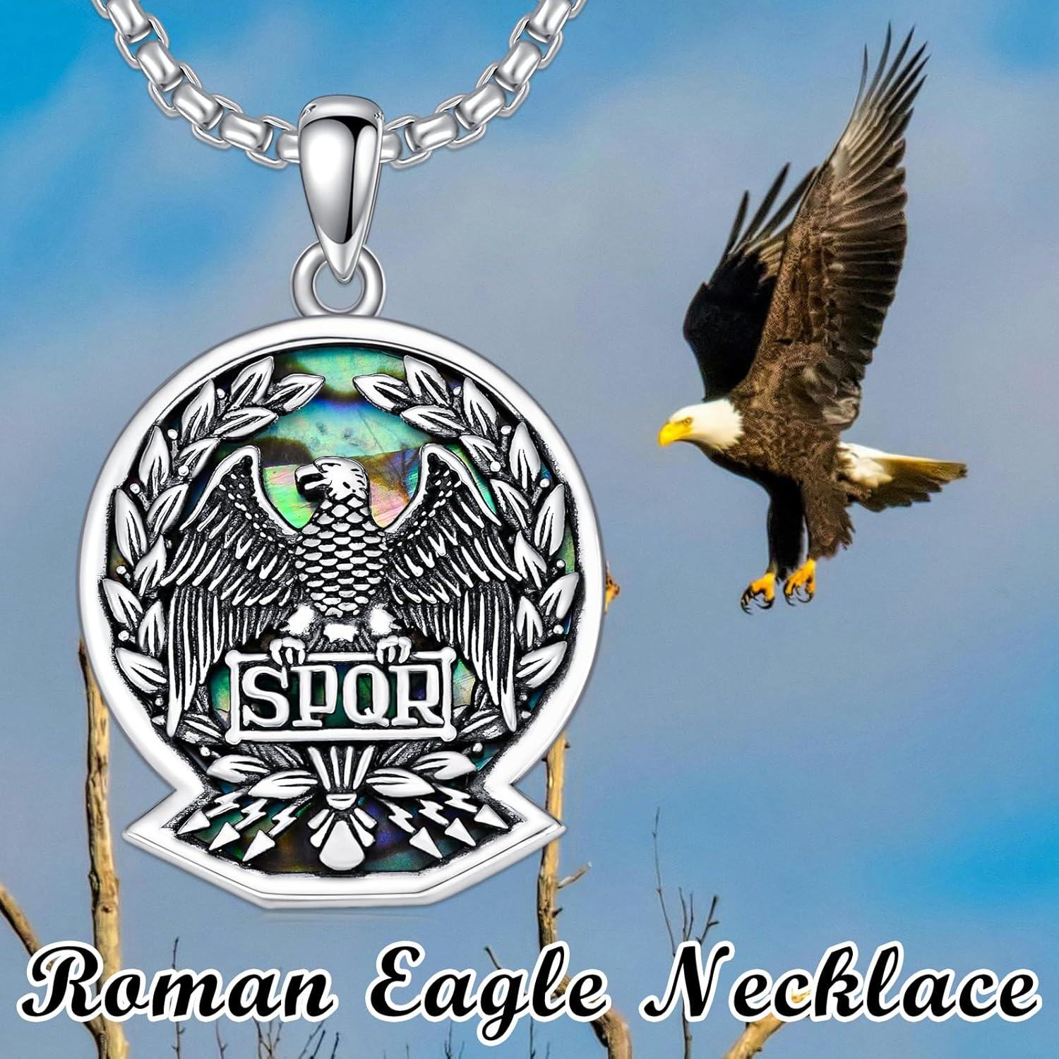 925 Sterling Silver Roman Eagle SPQR Pendant Necklace with Abalone Shell and Laurel Wreath Design for Men & Women-0-4