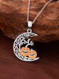 wholesale 925 Sterling Silver Crescent Moon with Pumpkins and Bats Pendant Necklace - Halloween s for Women-0-2