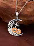 wholesale 925 Sterling Silver Crescent Moon with Pumpkins and Bats Pendant Necklace - Halloween s for Women-0-2