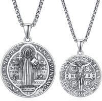 wholesale Sterling Silver Patron Saint Medal Amulet Necklace for Men 2 5mm 22 +2 Chain-A99-Saint Benedict (Crucifix)