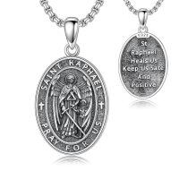 wholesale 925 Sterling Silver Saint Raphael Angel Oval Cross Pendant Necklace -A04-Saint Raphael-Silver(Oval)